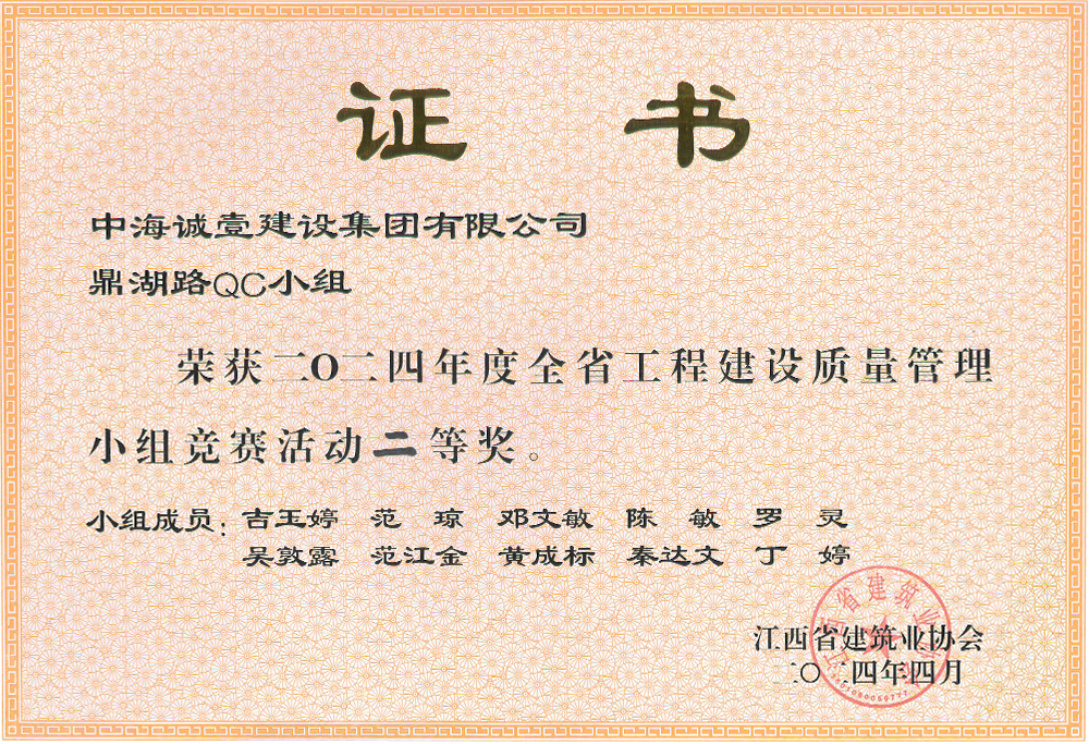 荣获2024年度全省王程建设质量管理小组竞赛活动二等奖